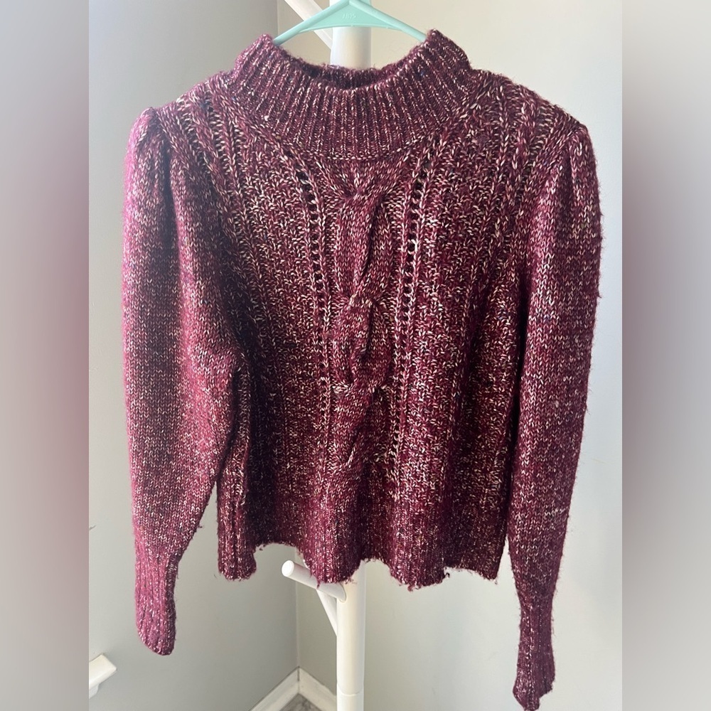 Rebecca Taylor Burgundy Cable Knit Lace Up Sweater Wool Blend Women’s Medium - Picture 5 of 6
